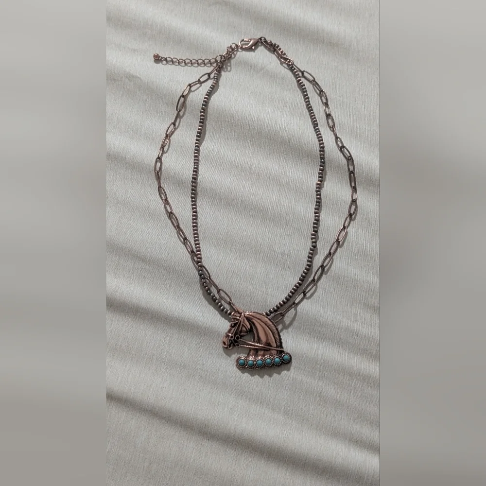 Bronze and Turquoise Horse Pendant Necklace